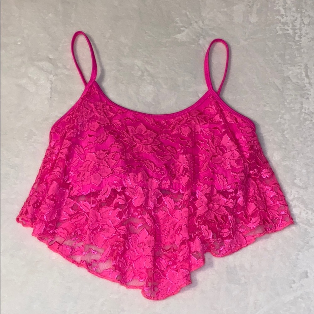 Natalie Dancewear / Neon Pink Floral Lace Crop Top